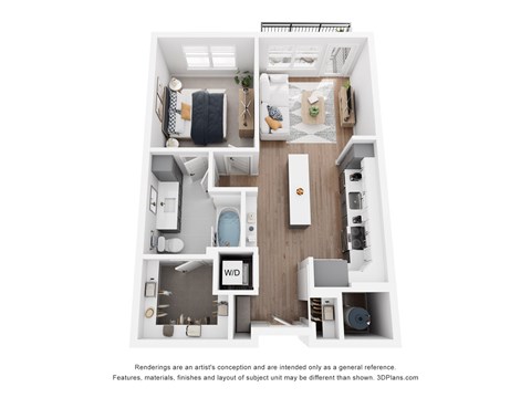 Floor plan for 1 bed, 1 bath, 672 sqft